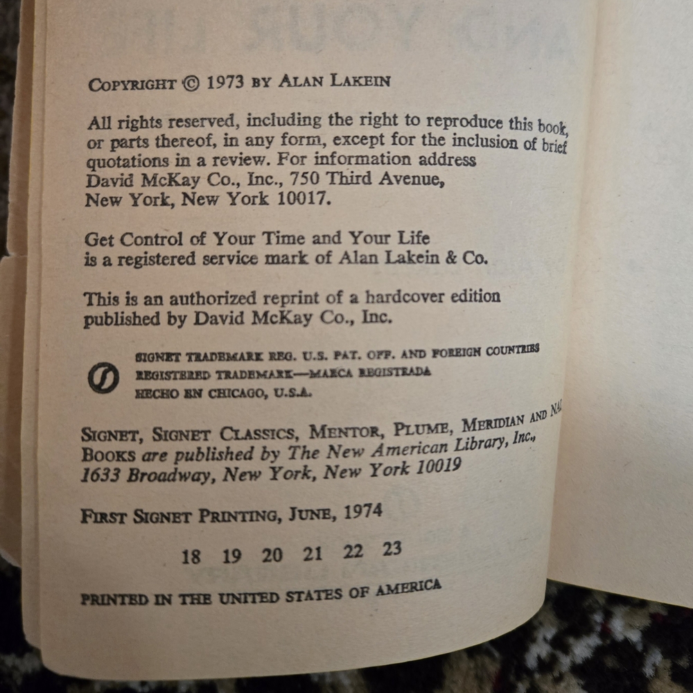 How To Get Control Of Your Time And Your Life Alan Lakein 1973 Signet Lakein - Picture 5 of 7
